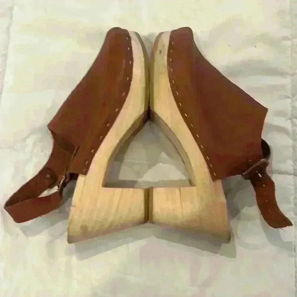 Bryr Suzie Spanish Open Toe Leather Slingback Wood Clogs EU39 - Picture 3 of 5